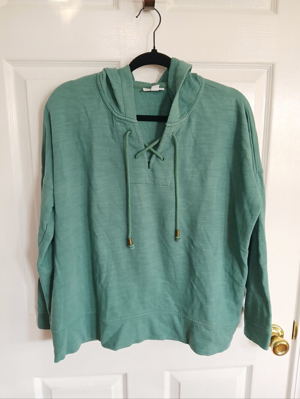 J.Jill Green Lace-Up Hooded Pullover Sweatshirt Cotton Terry Leisure Oversized